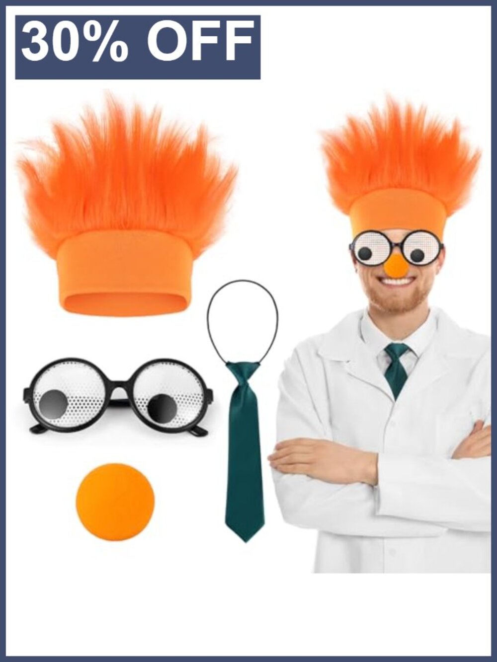 Halloween Cosplay Costume Accessory Kit Scientist Hair Headband Glasses Nose Tie